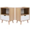 Modern Wooden Bedroom 2-Tier Nightstand End Side Table with Open Shelf;  4 Anti-Slip Rubber Padded Legs;  & 1 Storage Drawer;  Tan;  Set of 2