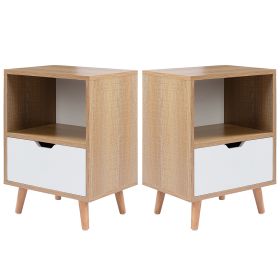 Modern Wooden Bedroom 2-Tier Nightstand End Side Table with Open Shelf;  4 Anti-Slip Rubber Padded Legs;  & 1 Storage Drawer;  Tan;  Set of 2