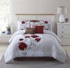 7-Piece Roses Comforter Set;  Red;  Full/Queen;  Shams;  3 Dec Pillows and Bed Skirt