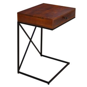 Wooden Sofa Side Table with 1 Drawer and Metal Frame; Brown and Black