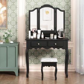 Makeup Vanity Table, Trifold Mirror, Wooden Dresse With Stool&4 Drawers XH