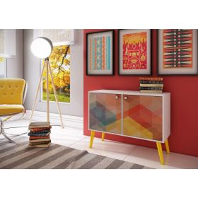 Manhattan Comfort Funky Avesta Side Table 2.0 with 3 Shelves in a White Frame with a Colorful Stamp Door and Yellow Feet