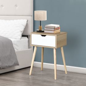 Side Table with 1 Drawer and Rubber Wood Legs; Mid-Century Modern Storage Cabinet for Bedroom Living Room Furniture; White with solid wood color