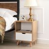 Modern Wooden Bedroom 2-Tier Nightstand End Side Table with Open Shelf;  4 Anti-Slip Rubber Padded Legs;  & 1 Storage Drawer;  Tan;  Set of 2