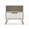 Manhattan Comfort Rockefeller 1.0 Mid-Century- Modern Nightstand with 1-Drawer in Off White and Nature