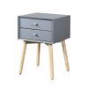 Side Table with 2 Drawer and Rubber Wood Legs; Mid-Century Modern Storage Cabinet for Bedroom Living Room Furniture; Gray