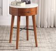 Walnut Finish 1pc Round End Table with Faux Marble Top and Drawer Living Room Furniture Side Table