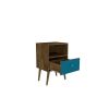 Manhattan Comfort Liberty Mid-Century Modern Nightstand 1.0 with 1 Cubby Space and 1 Drawer in Rustic Brown and Aqua Blue