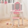 Wooden Vanity Set with Tri-Fold Mirror and Chair Table & Stool Set, Pink/White  YJ