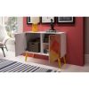 Manhattan Comfort Funky Avesta Side Table 2.0 with 3 Shelves in a White Frame with a Colorful Stamp Door and Yellow Feet