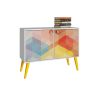 Manhattan Comfort Funky Avesta Side Table 2.0 with 3 Shelves in a White Frame with a Colorful Stamp Door and Yellow Feet