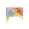 Manhattan Comfort Funky Avesta Side Table 2.0 with 3 Shelves in a White Frame with a Colorful Stamp Door and Yellow Feet