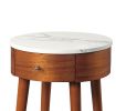 Walnut Finish 1pc Round End Table with Faux Marble Top and Drawer Living Room Furniture Side Table