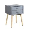 Side Table with 2 Drawer and Rubber Wood Legs; Mid-Century Modern Storage Cabinet for Bedroom Living Room Furniture; Gray