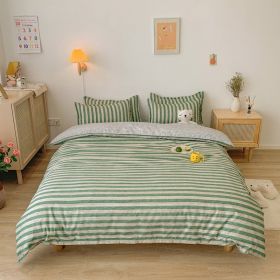 Washed Cotton Bedding 4 Piece Set 1.5m-2.2m Quilt Cover Sheet Pillowcase Plaid Stripes Student Dormitory Adult Child Boys Girls (Color: Stripes - Green, size: 1.5m bed 4-piece set)