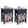 Set of 2 Wooden Nightstand;  X-Shaped Sofa Side Table End Table with Drawer and Open Shelf;  Bedroom Living Room Furniture