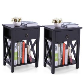 Set of 2 Wooden Nightstand;  X-Shaped Sofa Side Table End Table with Drawer and Open Shelf;  Bedroom Living Room Furniture (Color: Black)