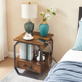 End table Side table with Charging Station; sofa side table with drawers;  bedside table for bedroom (Color: Rustic Brown)