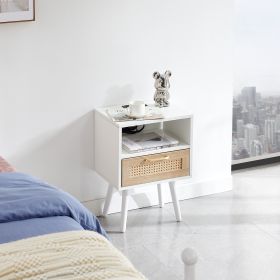 15.75" Rattan End table with Power Outlet & USB Ports ; Modern nightstand with drawer and solid wood legs; side table for living roon; bedroom; white (Color: as Pic)