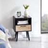 15.75" Rattan End table with drawer and solid wood legs; Modern nightstand; side table for living roon; bedroom; black