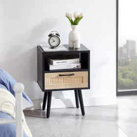 15.75" Rattan End table with drawer and solid wood legs; Modern nightstand; side table for living roon; bedroom; black (Color: as Pic)