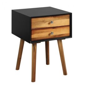 Mid-Century End Side Table Wooden Nightstand With 2 Storage Drawers (Color: Black, Type: Nightstand)