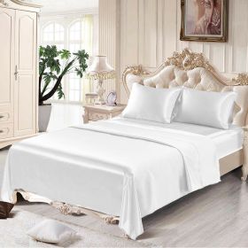 4 Pcs Smooth Satin Silk Sheet Set Deep Pocket Bed Sheet Wrinkle Fade Resistant (Color: White, size: Full)