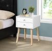 Side Table with 2 Drawer and Rubber Wood Legs;  Mid-Century Modern Storage Cabinet for Bedroom Living Room Furniture;  White