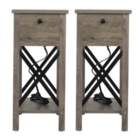 Farmhouse Flip Top End Table with Charge Station;  X-Shaped Profile Narrow Side Table with Drawer for Office;  Bedroom;  Living Room;  Gray (Quantity: 2 piece)