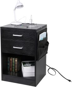 Nightstand with Charging Station and USB Ports;  End Side Table with 2 Wooden Storage Drawer & Open Shelf;  Bedside Stands Cabinet;  for Bedroom;  Liv (Color: Black)