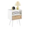 15.75" Rattan End table with Power Outlet & USB Ports ; Modern nightstand with drawer and solid wood legs; side table for living roon; bedroom; white