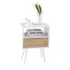 15.75" Rattan End table with drawer and solid wood legs; Modern nightstand; side table for living roon; bedroom; white