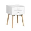 Side Table with 2 Drawer and Rubber Wood Legs;  Mid-Century Modern Storage Cabinet for Bedroom Living Room Furniture;  White