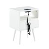 15.75" Rattan End table with Power Outlet & USB Ports ; Modern nightstand with drawer and solid wood legs; side table for living roon; bedroom; white