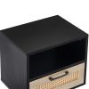 15.75" Rattan End table with drawer and solid wood legs; Modern nightstand; side table for living roon; bedroom; black