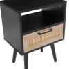 15.75" Rattan End table with drawer and solid wood legs; Modern nightstand; side table for living roon; bedroom; black