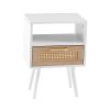 15.75" Rattan End table with drawer and solid wood legs; Modern nightstand; side table for living roon; bedroom; white