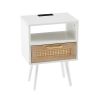 15.75" Rattan End table with Power Outlet & USB Ports ; Modern nightstand with drawer and solid wood legs; side table for living roon; bedroom; white