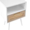 15.75" Rattan End table with drawer and solid wood legs; Modern nightstand; side table for living roon; bedroom; white