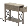 Farmhouse Flip Top End Table with Charge Station;  X-Shaped Profile Narrow Side Table with Drawer for Office;  Bedroom;  Living Room;  Gray