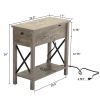 Farmhouse Flip Top End Table with Charge Station;  X-Shaped Profile Narrow Side Table with Drawer for Office;  Bedroom;  Living Room;  Gray