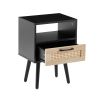 15.75" Rattan End table with drawer and solid wood legs; Modern nightstand; side table for living roon; bedroom; black