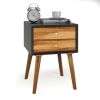 Mid-Century End Side Table Wooden Nightstand With 2 Storage Drawers