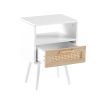 15.75" Rattan End table with drawer and solid wood legs; Modern nightstand; side table for living roon; bedroom; white