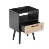 15.75" Rattan End table with Power Outlet & USB Ports ; Modern nightstand with drawer and solid wood legs; side table for living roon; bedroom; black