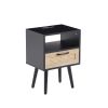 15.75" Rattan End table with Power Outlet & USB Ports ; Modern nightstand with drawer and solid wood legs; side table for living roon; bedroom; black