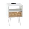 15.75" Rattan End table with Power Outlet & USB Ports ; Modern nightstand with drawer and solid wood legs; side table for living roon; bedroom; white