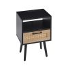 15.75" Rattan End table with Power Outlet & USB Ports ; Modern nightstand with drawer and solid wood legs; side table for living roon; bedroom; black